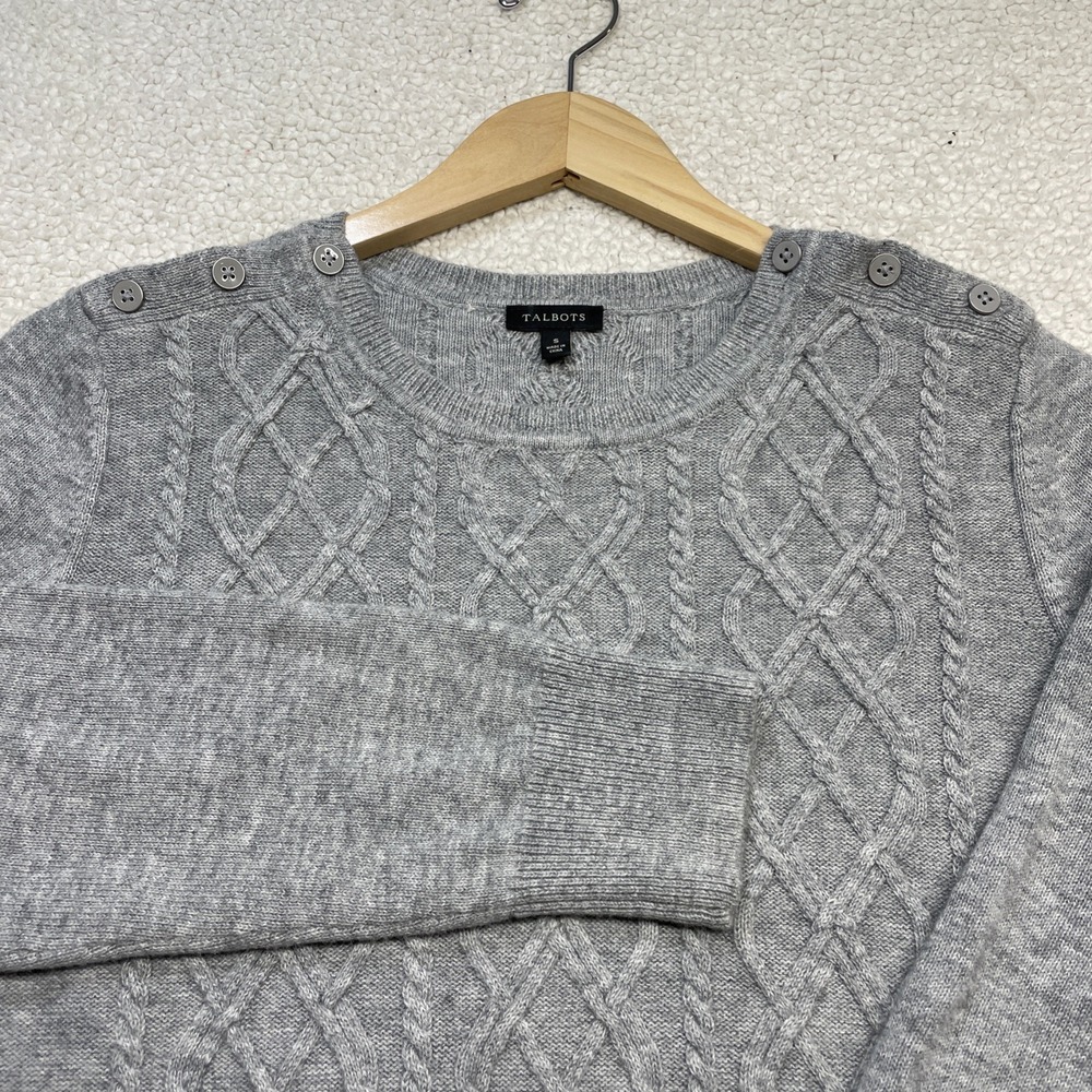 Talbots Sweater Women S Grey Lambswool Blend Cable Knit Button Shoulder Pullover